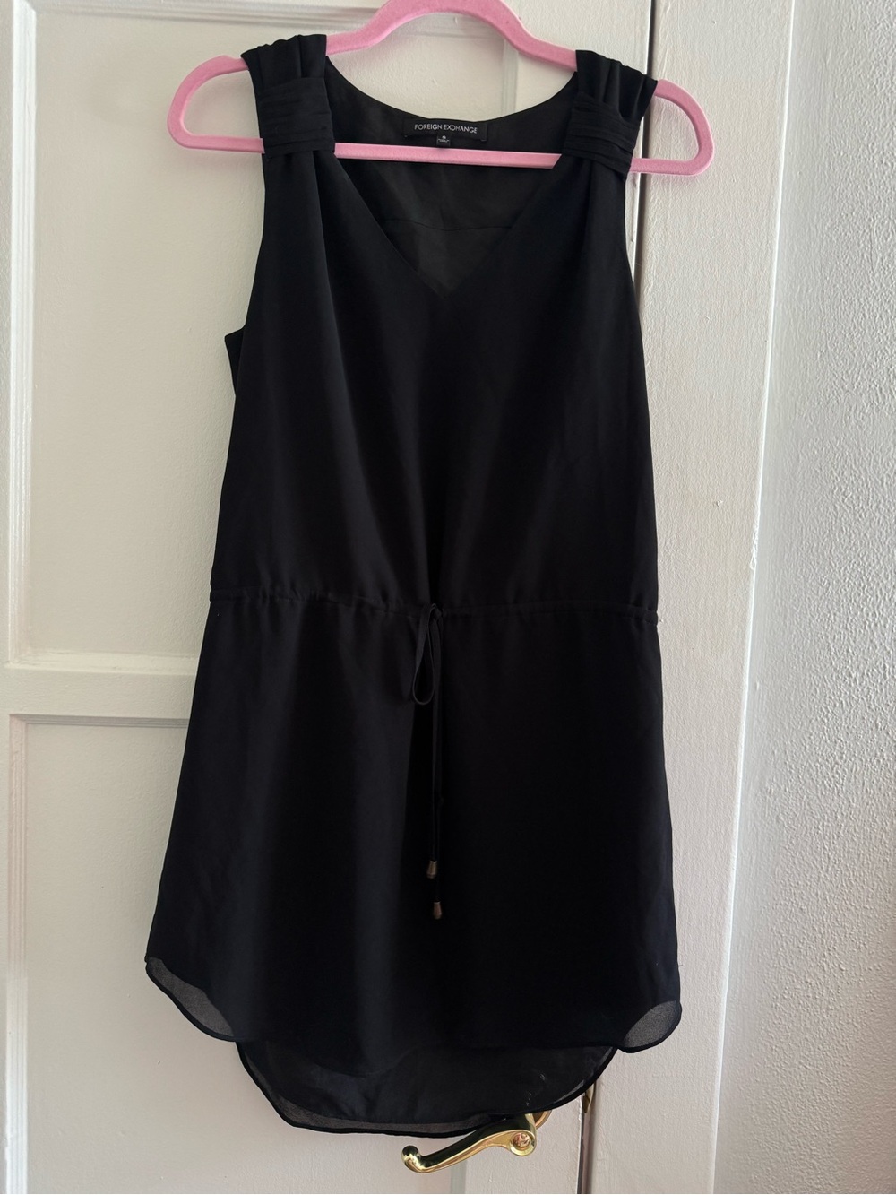 Foreign Exchange Black Sleeveless V-Neck Drawstring Tunic Dress